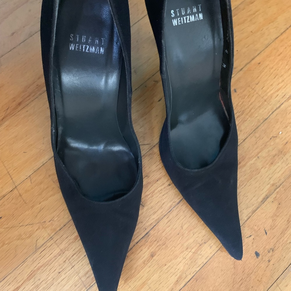 Stuart Weitzman Suede Black Metallic Pointed Heels